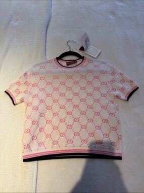 Gucci Cream and Pink GG Short Sleeve Knit Top
